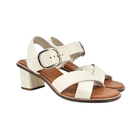 Everlane Cream White Block Heel Ankle Buckle Strap Heeled Leather Sandals sz 5.5